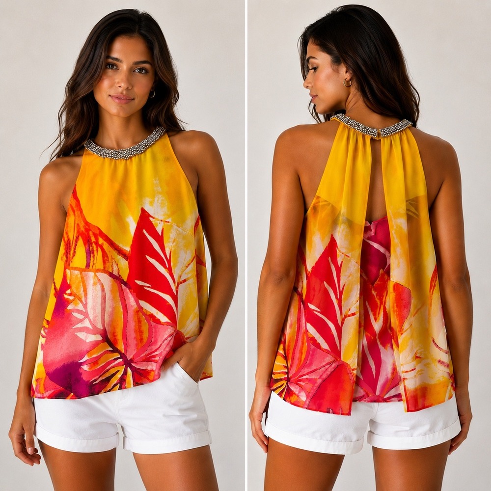 Jennifer Lopez Embellished Halter Blouse Tropical Floral Chiffon Overlay Top M